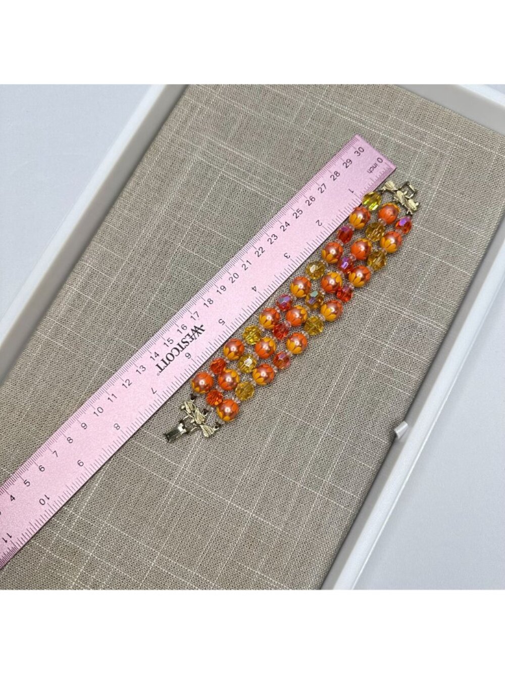 Vintage 1960s Three-Strand Lucite Bead Bracelet Mod Orange & Yellow Flower Retro - Picture 12 of 12